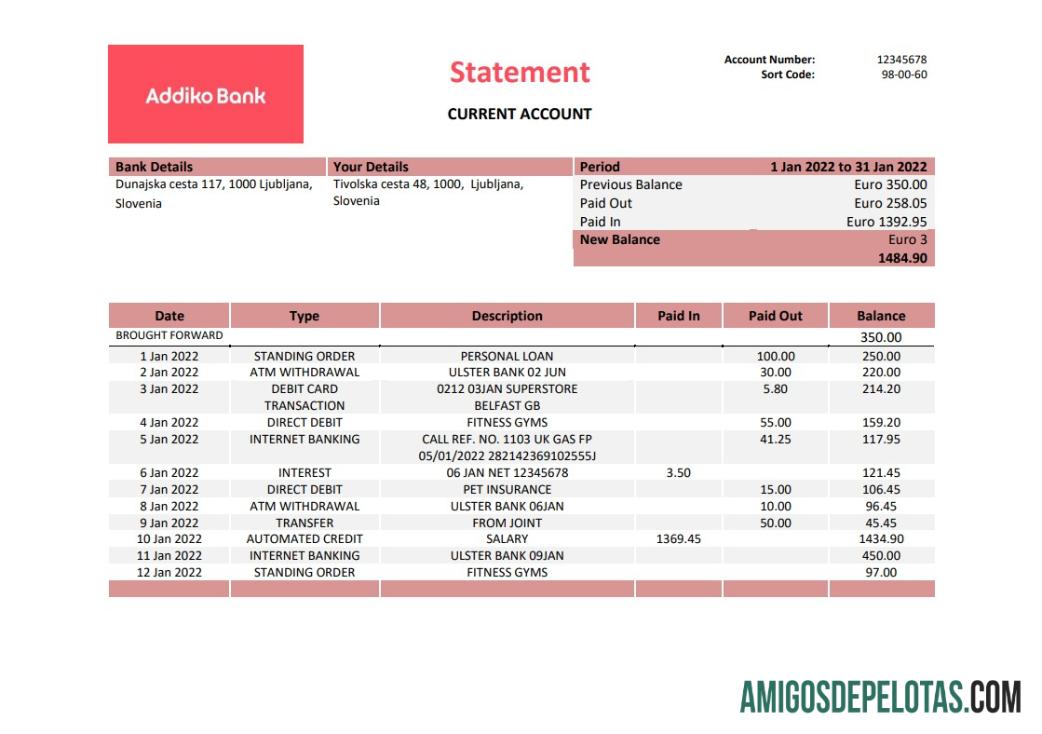 Slovenia Addiko extrato bancário amostra